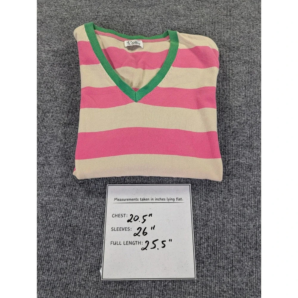 Lilly Pulitzer Vintage Pink Tan Striped V-Neck Sweater Logo Green Trim Large